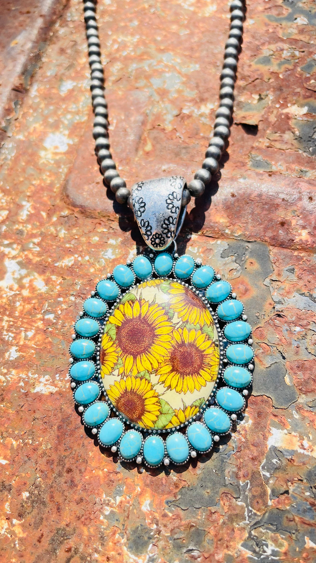 Large Sunflower Art Pendant
Turquoise Western Necklace