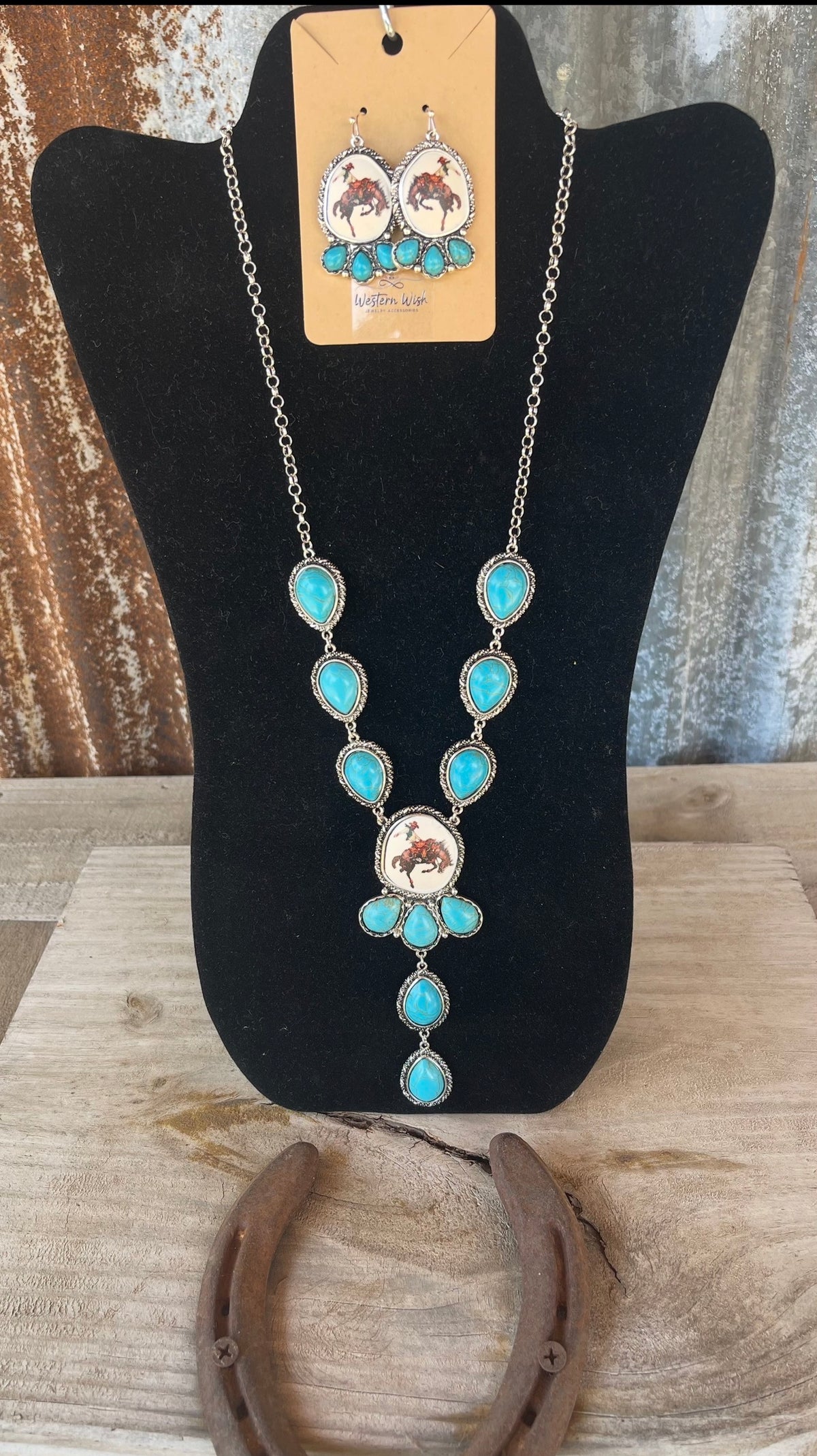 Western Rodeo Bronco Rider Y Necklace with Teardrop