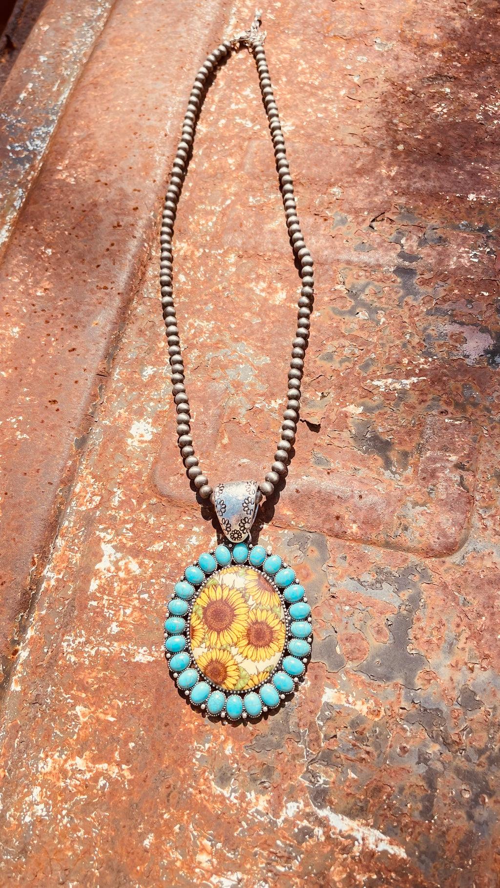 Large Sunflower Art Pendant
Turquoise Western Necklace